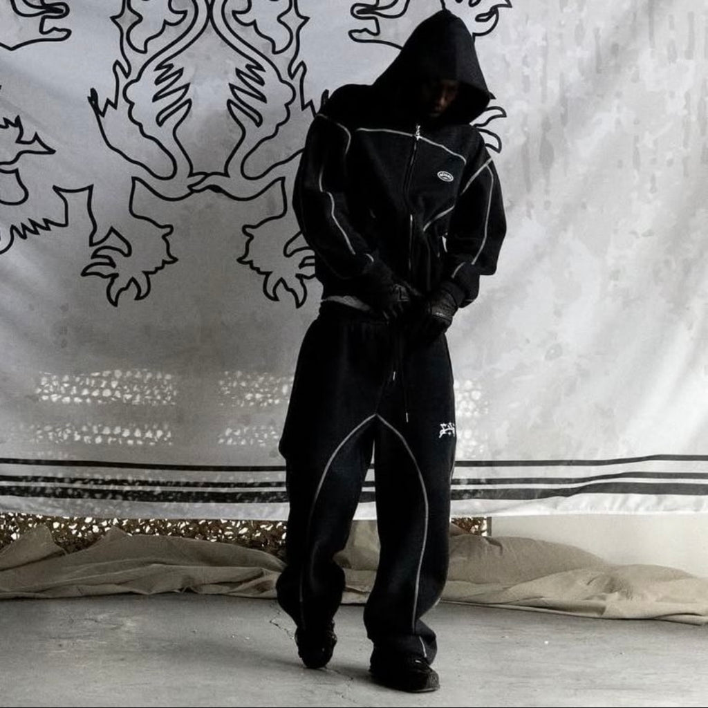 Loose Sweatshirt and Sweatpants Hip Hop Street Style Unisex Zipper Hooded Jacket Set.