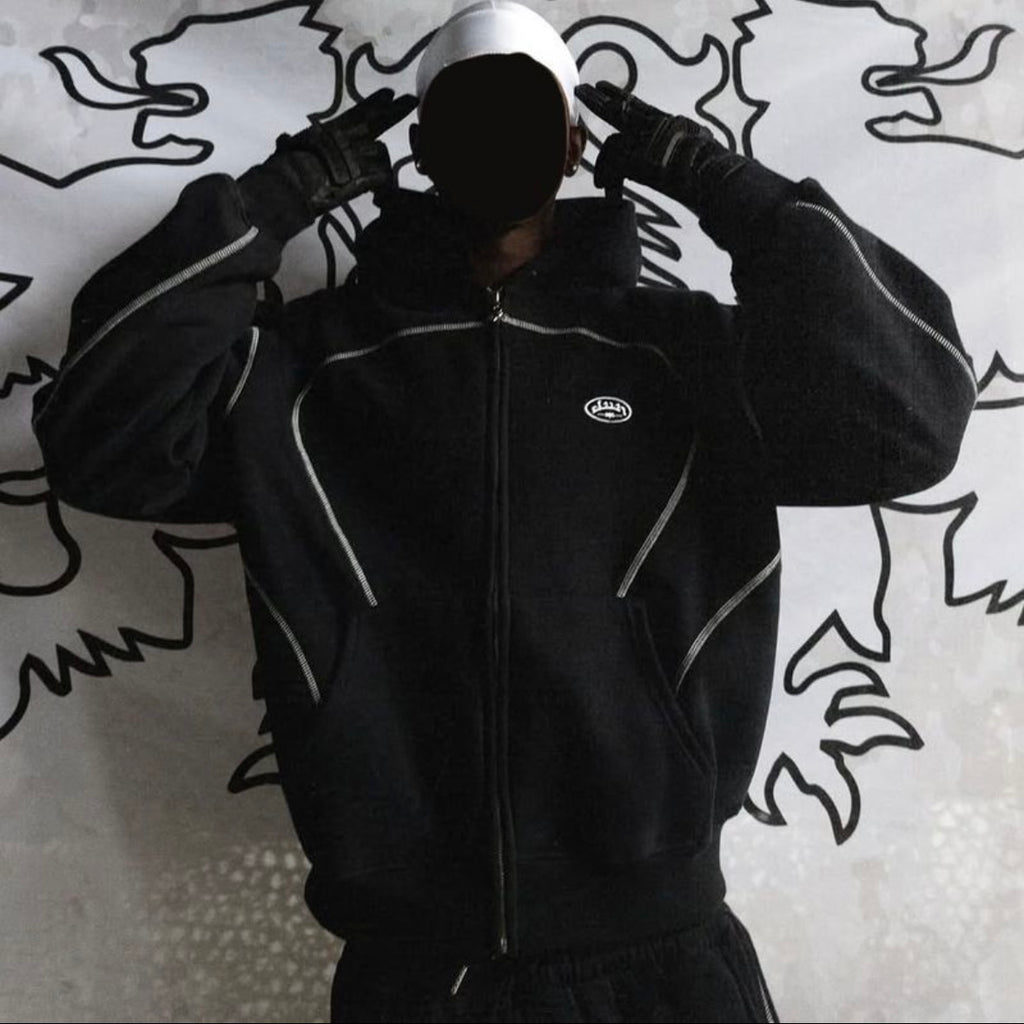 Loose Sweatshirt and Sweatpants Hip Hop Street Style Unisex Zipper Hooded Jacket Set.