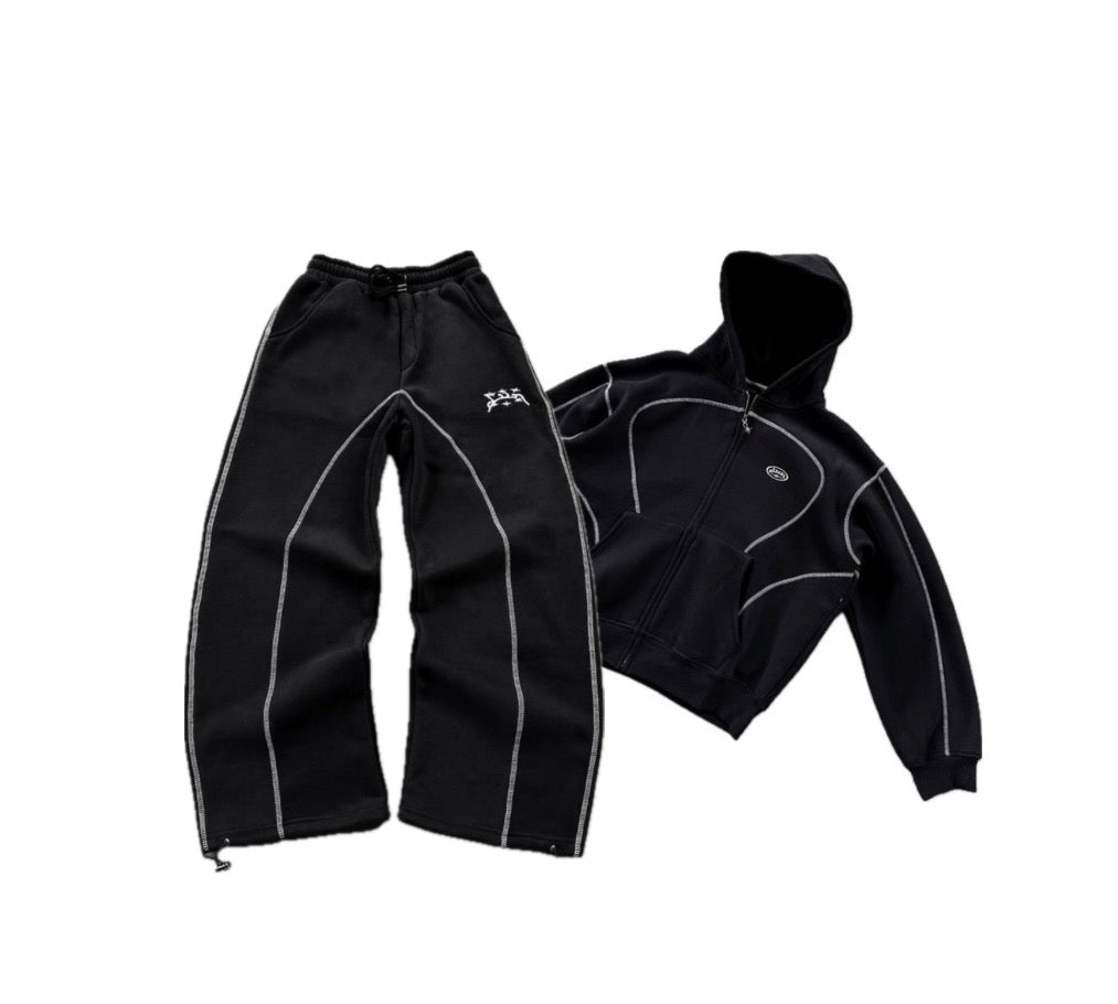 Loose Sweatshirt and Sweatpants Hip Hop Street Style Unisex Zipper Hooded Jacket Set.